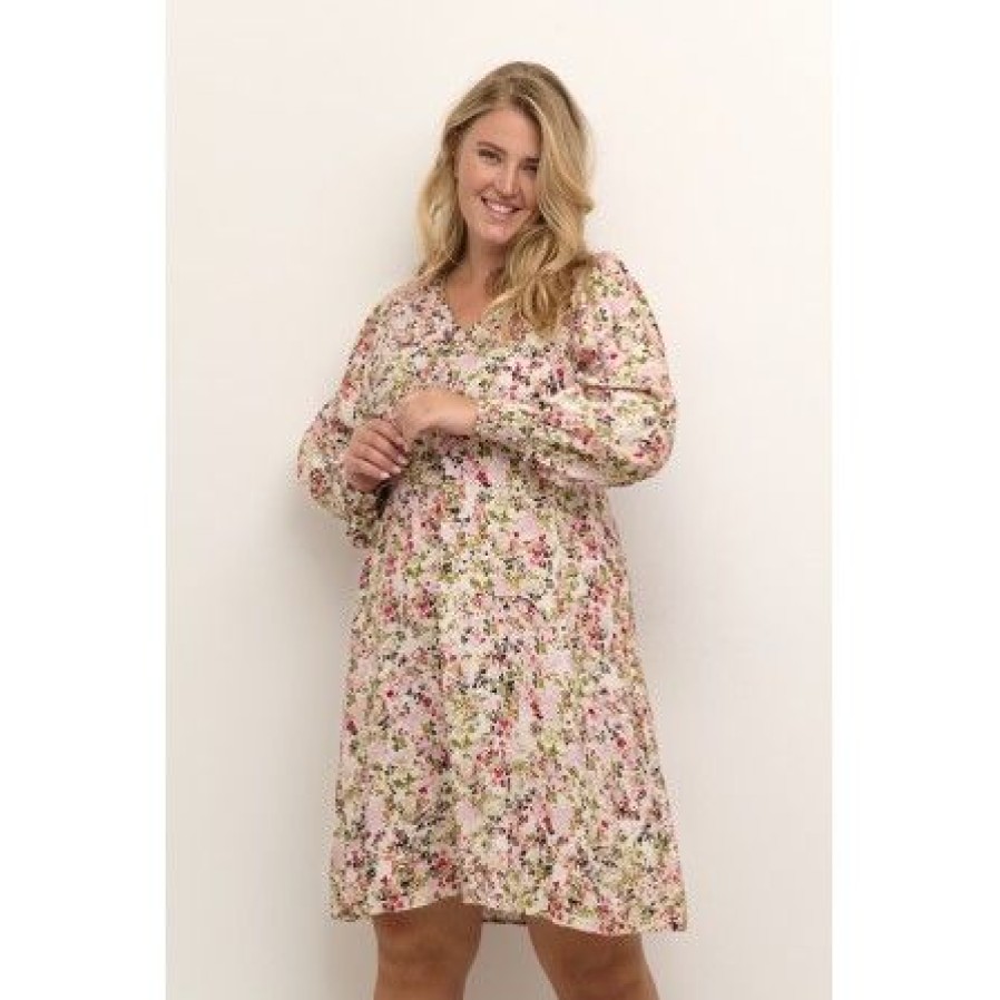 Plus Size Kaffe Curve | Kaffe Curve Kcjolie Dress - Pink /Rod Blomstret Kjole 10582133 Pink/Red Petit Fleur