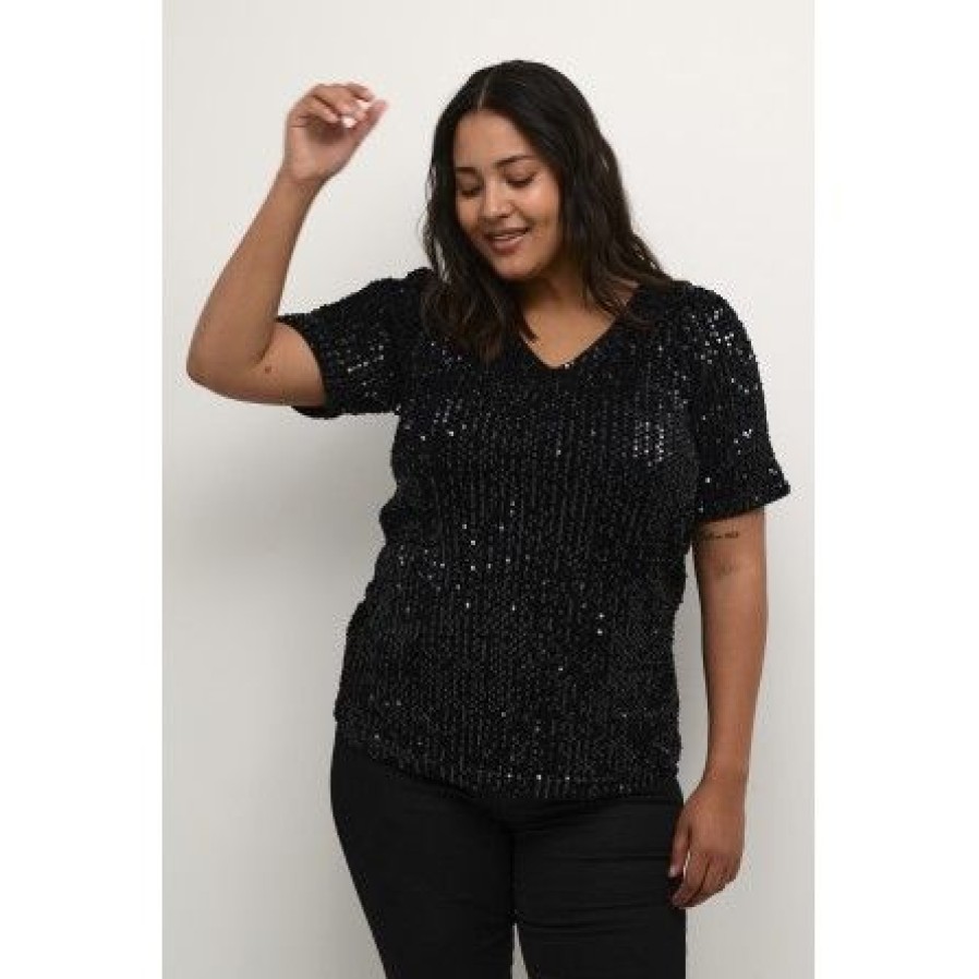 Plus Size Kaffe Curve | Kaffe Curve Kcbente V-Neck Blouse - Sort Palliet Bluse 10581925 Black Deep