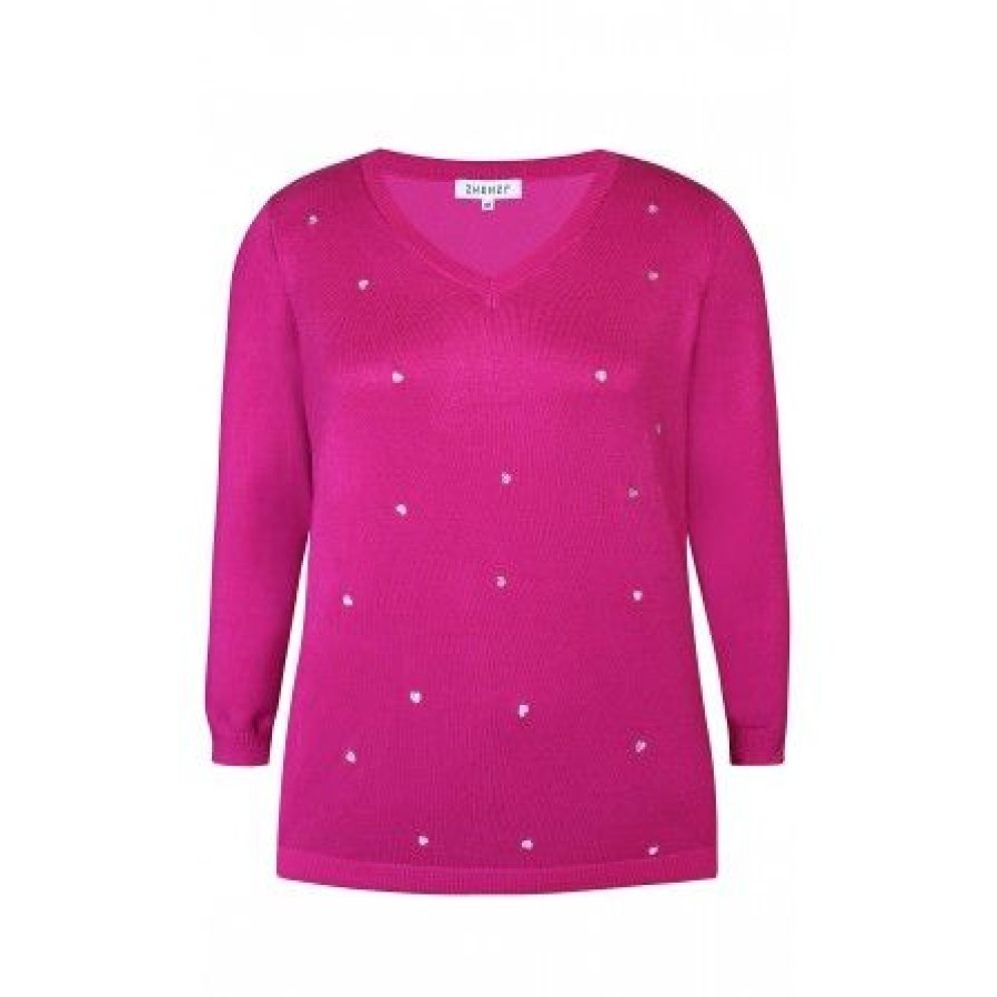 Plus Size Zhenzi | Zhenzi Kogle Pullover - Pink Strik Med Hjerter 200020 Festival Fuchias