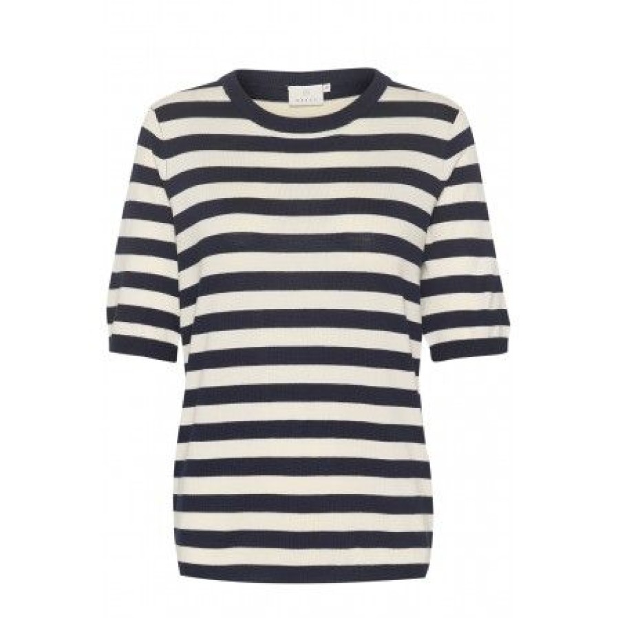 Overdele Kaffe | Kaffe Kamala Striped Knit - Kortaermet Stribet Strik 10508410 Navy/Turtledove