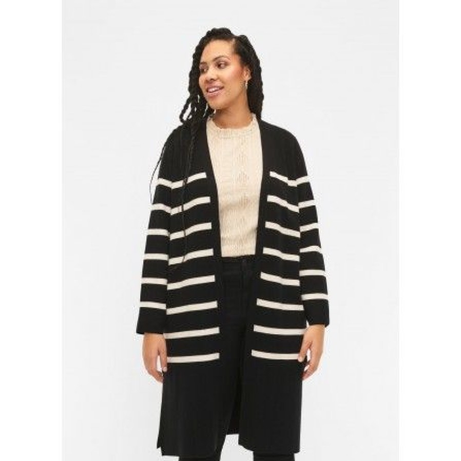 Overdele Zizzi | Zizzi Mzoe L/S Long Cardigan - Sort/Hvid Stribet Cardigan M61276E Black W. Birch