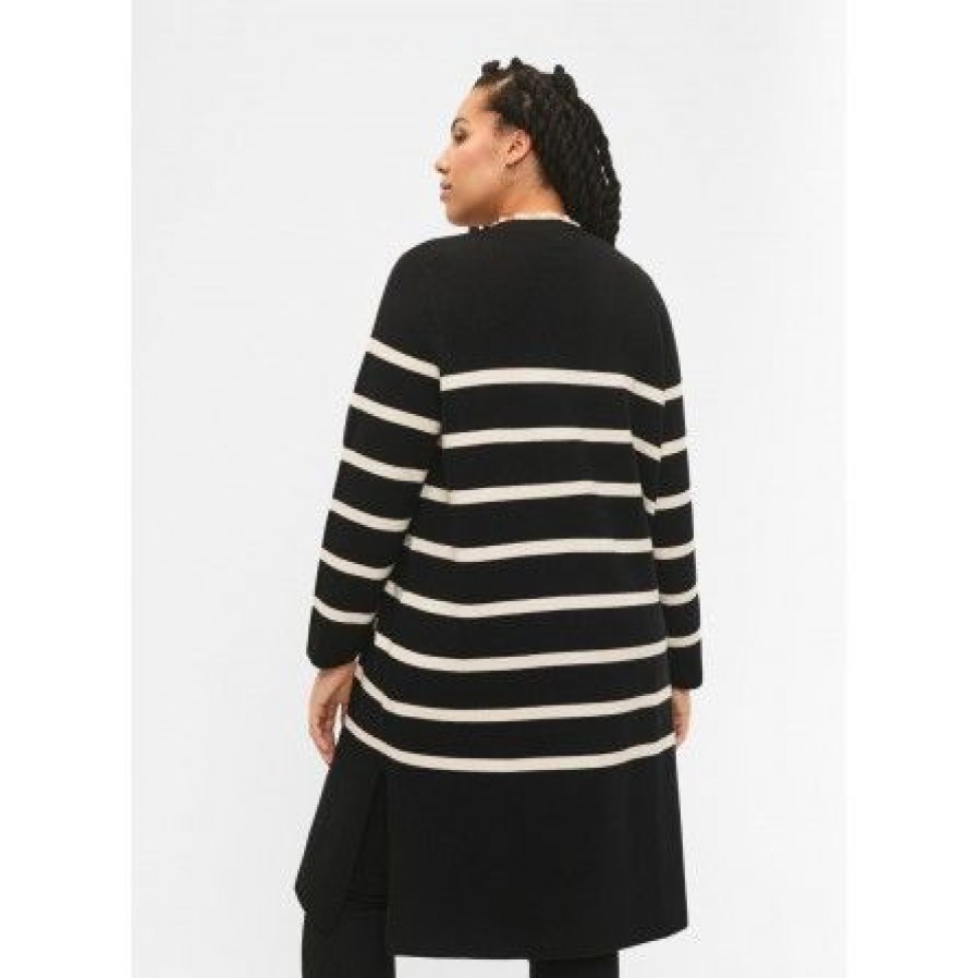 Overdele Zizzi | Zizzi Mzoe L/S Long Cardigan - Sort/Hvid Stribet Cardigan M61276E Black W. Birch