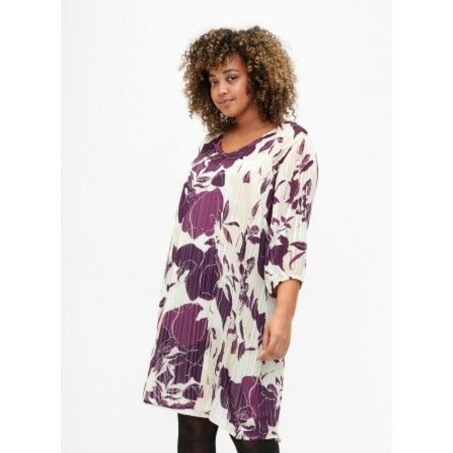 Plus Size Zizzi | Zizzi Mlucy 3/4 Abk Dress - Lilla Printet Kjole M02356D D. Purple Graphic Aop