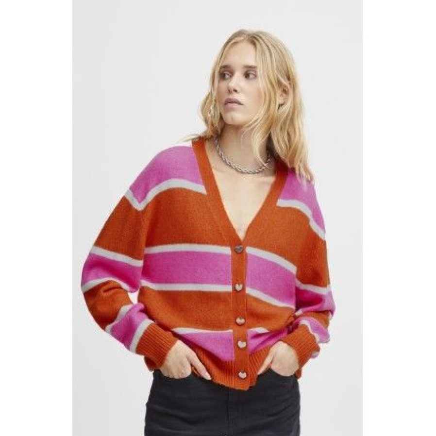 Overdele Ichi | Ichi Ihmotif Ca2 -Stribet Cardigan 20120238 Persimmon Orange