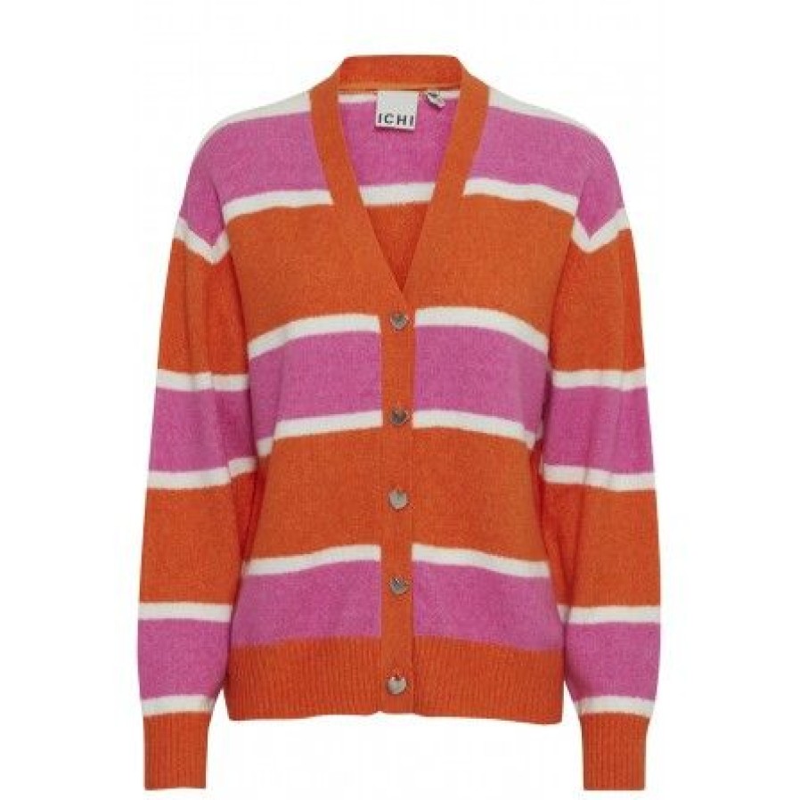 Overdele Ichi | Ichi Ihmotif Ca2 -Stribet Cardigan 20120238 Persimmon Orange