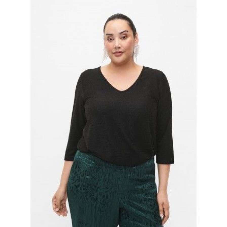 Plus Size Zizzi | Zizzi Cadania 3/4 Blouse - Sort Glimmer Bluse Ca02376E Black Black