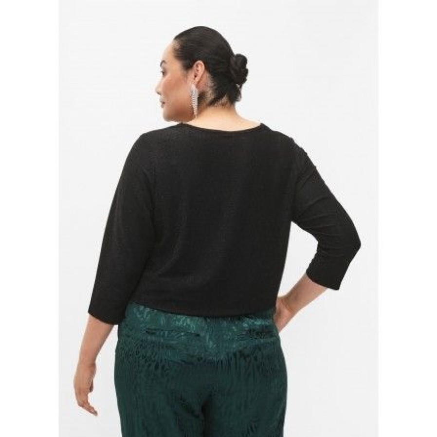 Plus Size Zizzi | Zizzi Cadania 3/4 Blouse - Sort Glimmer Bluse Ca02376E Black Black