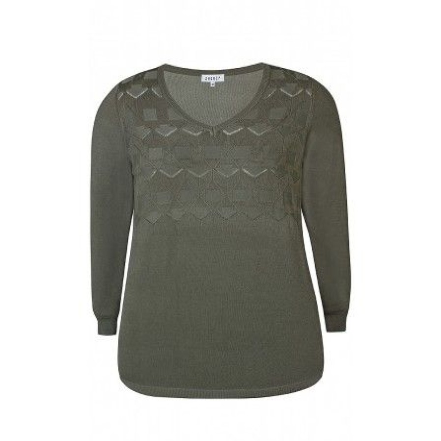 Plus Size Zhenzi | Zhenzi Kogle Pullover L/S - Army Strik Bluse 2807612 Army Way