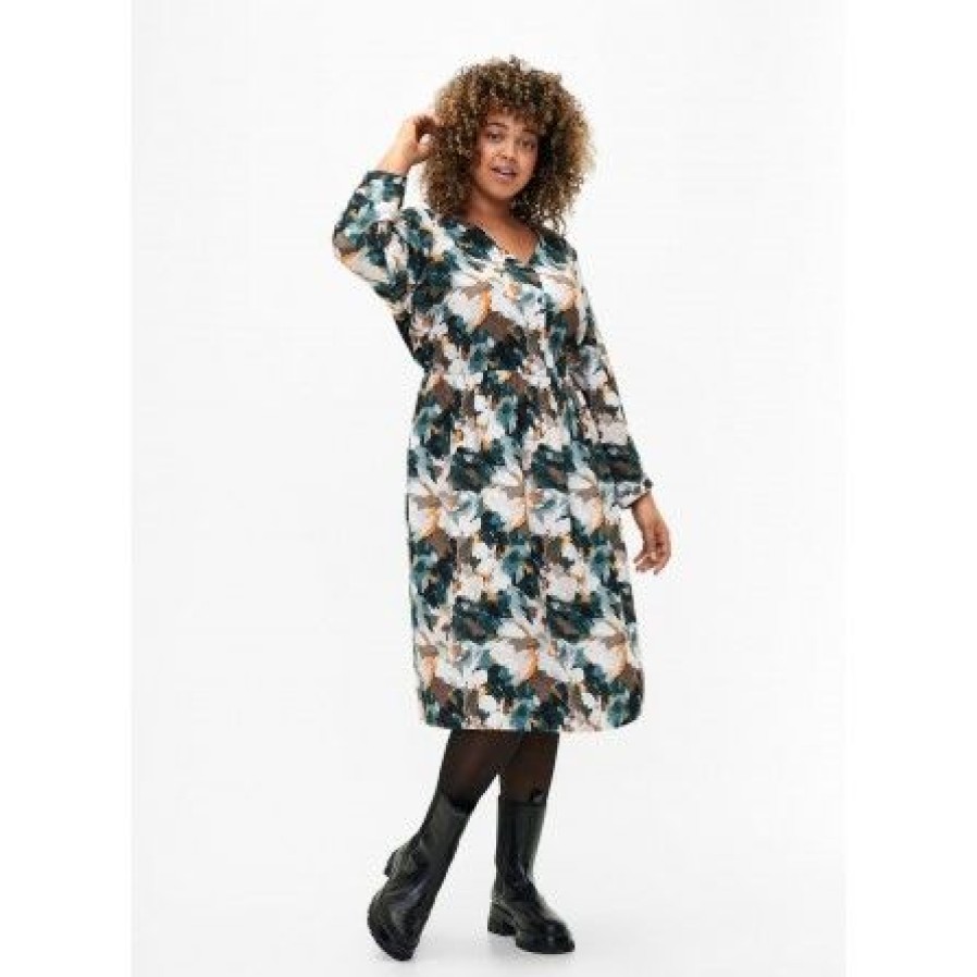 Plus Size Zizzi | Zizzi Mkam 7/8 Blk Dress - Kjole Med Gront/Brunt/Gult Print M58986B Duck Gr. Forest Aop