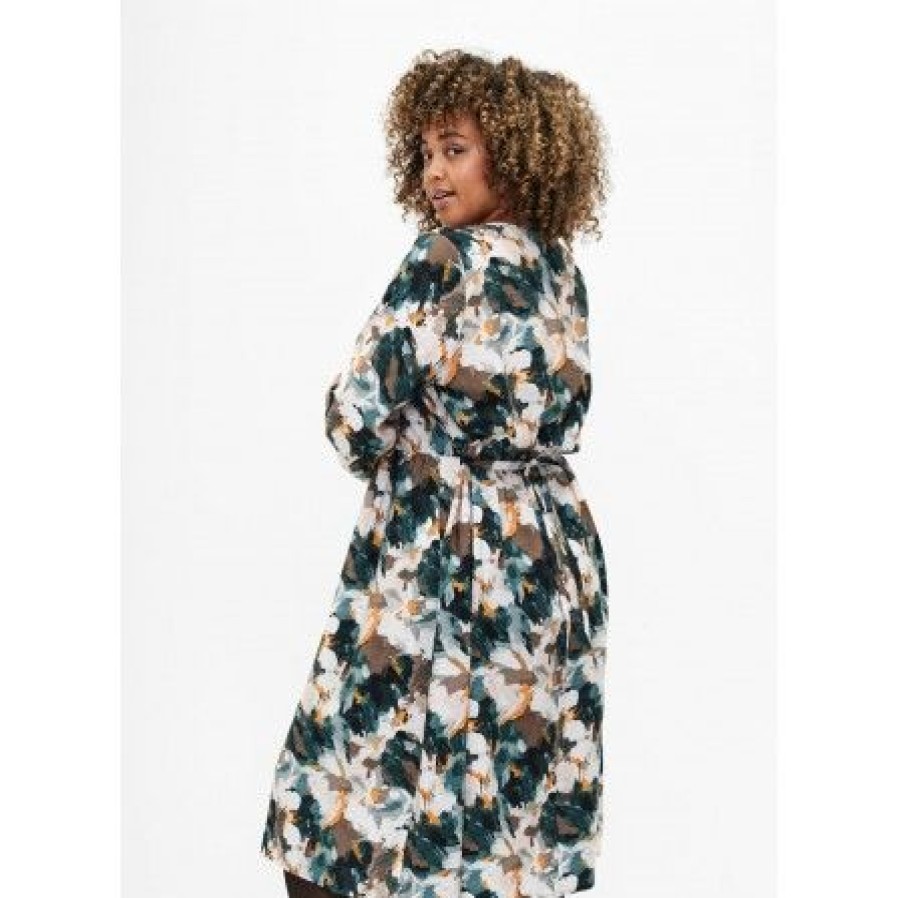 Plus Size Zizzi | Zizzi Mkam 7/8 Blk Dress - Kjole Med Gront/Brunt/Gult Print M58986B Duck Gr. Forest Aop