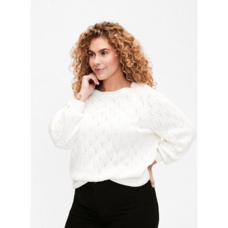 Overdele Zizzi | Zizzi Melsa L/S Boatneck Pullover - Rahvid Strikbluse M61289A Cloud Dancer