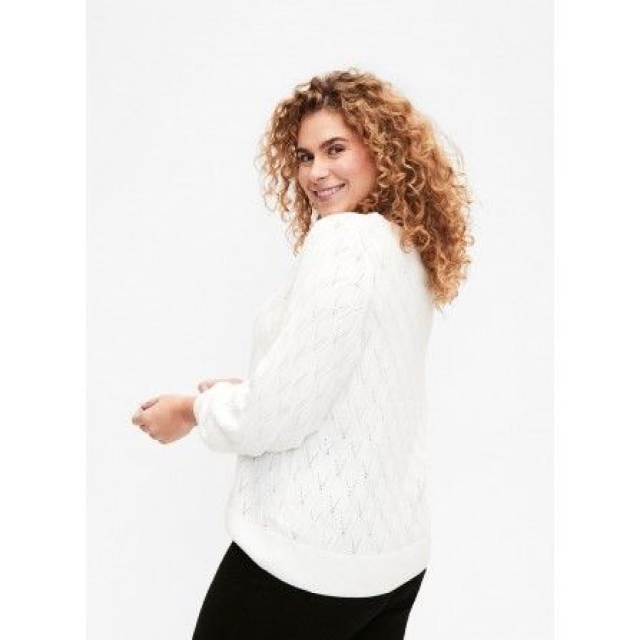 Overdele Zizzi | Zizzi Melsa L/S Boatneck Pullover - Rahvid Strikbluse M61289A Cloud Dancer