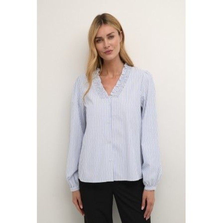 Overdele Kaffe | Kaffe Kamaibritt Shirt - Maelkedrenge Stribet Skjorte 10508218 Blue And White Stripe