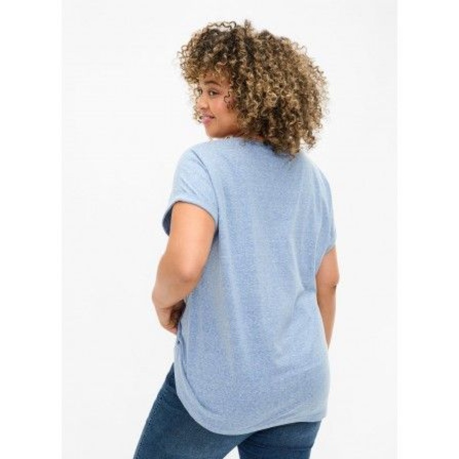 Overdele Zizzi | Zizzi Vava S/S Loose Tee - Lysebla Melange T-Shirt M57504C Moonlight Blue Melange