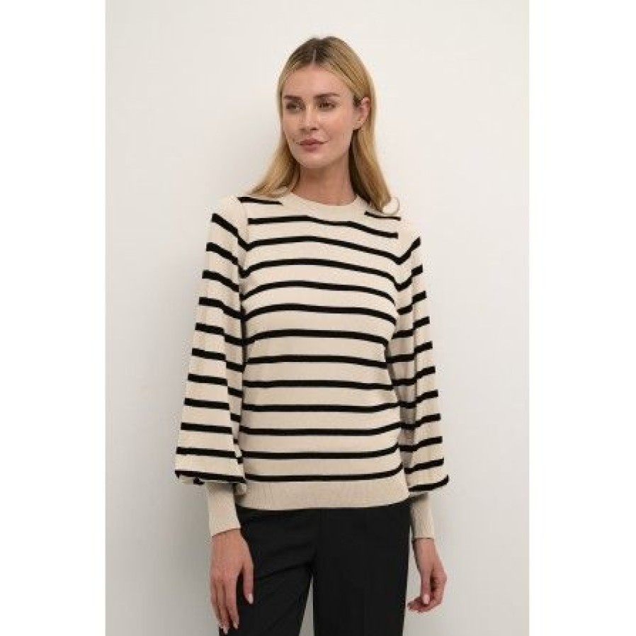 Overdele Kaffe | Kaffe Kamala Stripe Knit Pullover - Beige/Sort Stribet Strik 10506891 Feather Gray Melange/Black