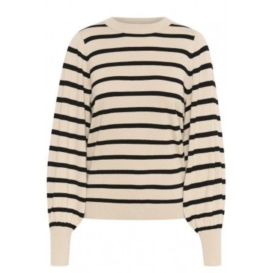 Overdele Kaffe | Kaffe Kamala Stripe Knit Pullover - Beige/Sort Stribet Strik 10506891 Feather Gray Melange/Black