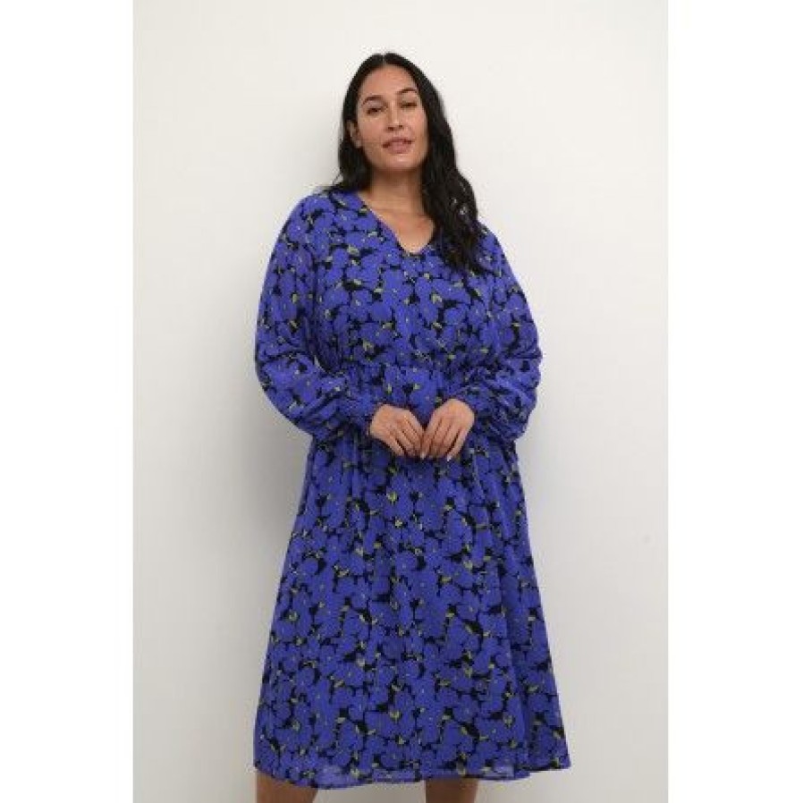 Plus Size Kaffe Curve | Kaffe Curve Kckrista Dress - Bla Kjole Med Limegront Print 10582086 Clematis Blue Flower