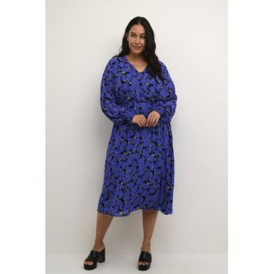 Plus Size Kaffe Curve | Kaffe Curve Kckrista Dress - Bla Kjole Med Limegront Print 10582086 Clematis Blue Flower