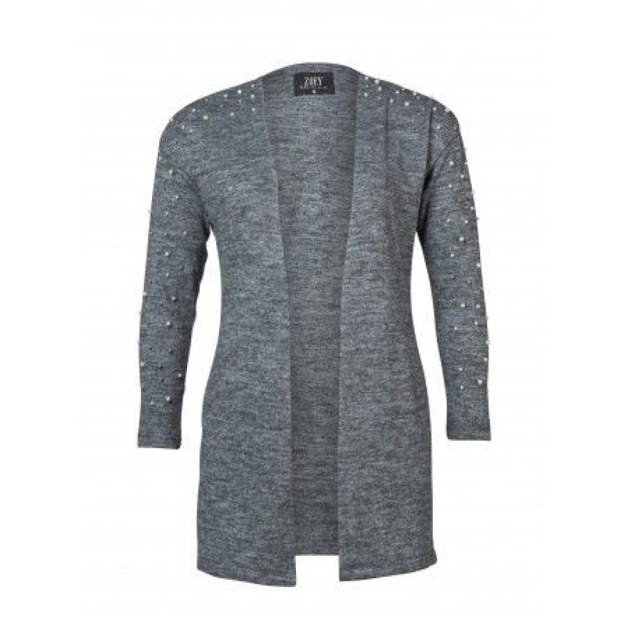 Overdele Zoey | Zoey Ayla Knit Cardigan - Gra Cardigan Med Perler 232-2366 Grey Melange