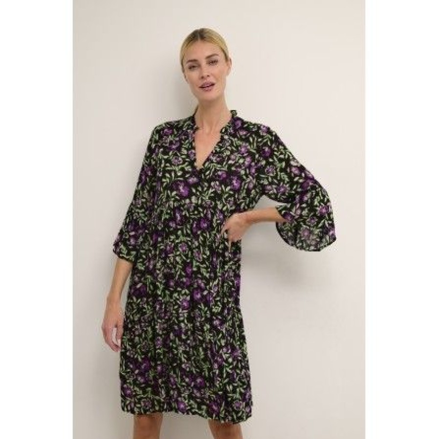 Kjoler Kaffe | Kaffe Kaisolde Amber Dress - Sort/Gron/Lilla Kjole 10507512 Black/Green/Purple