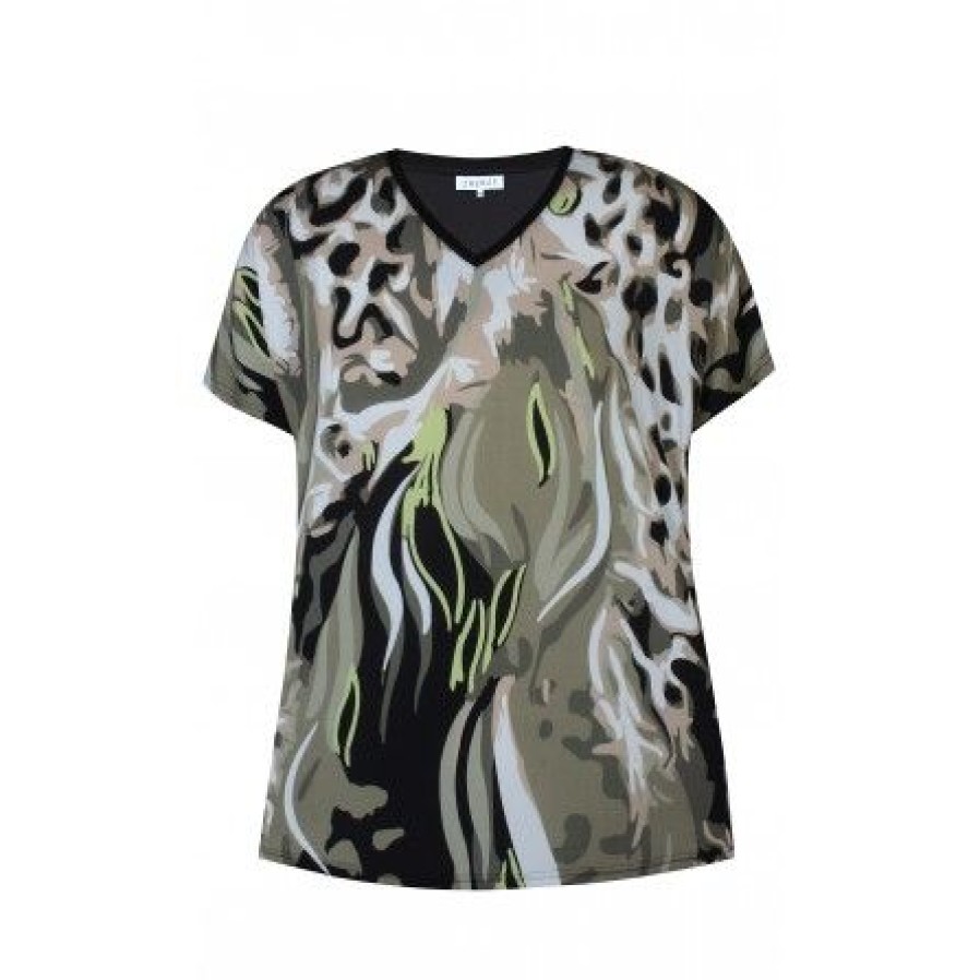 Overdele Zhenzi | Zhenzi Ariella T-Shirt - Armygron Printet T-Shirt 200097 Aloe Green