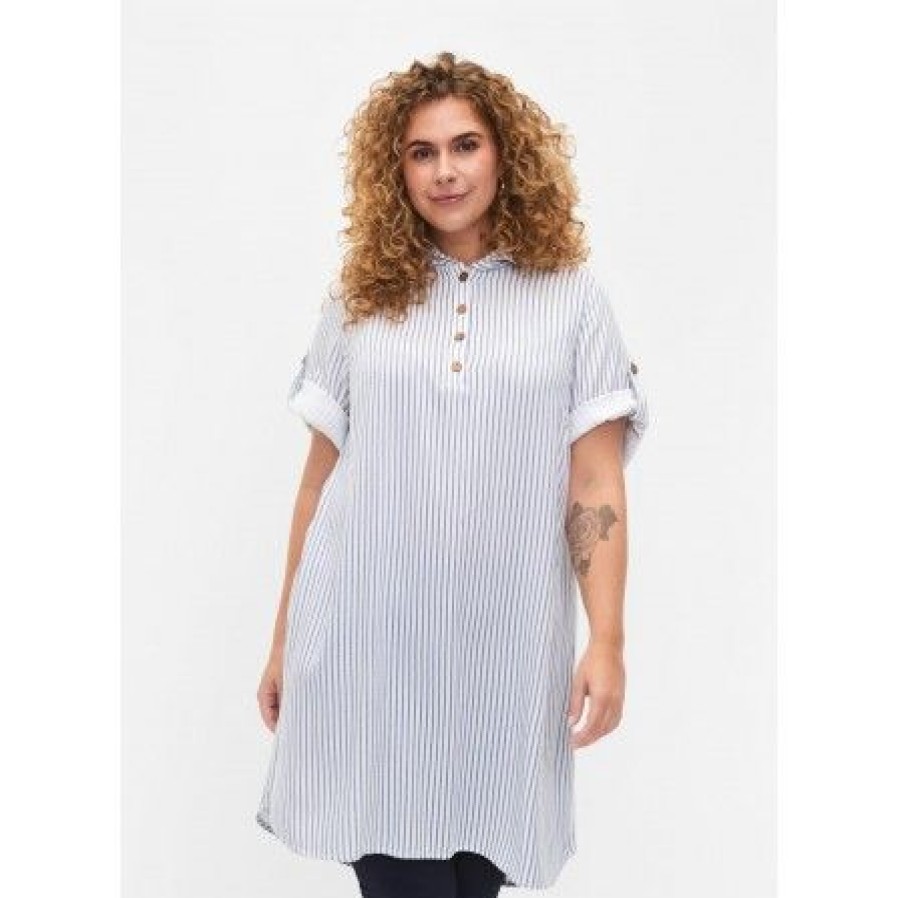 Kjoler Zizzi | Zizzi Calilo S/S Hoodie Tunic - Bla/Hvid Stribet Tunika Med Haette Ca02362C Blue White Stripe