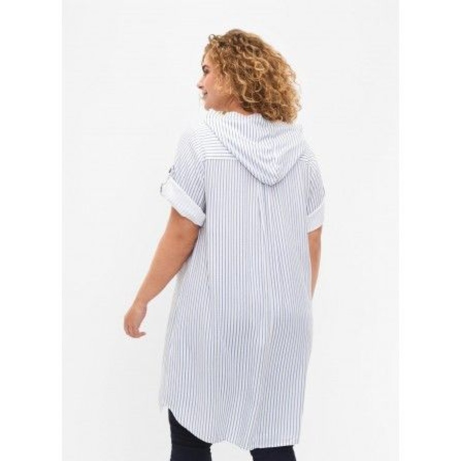 Kjoler Zizzi | Zizzi Calilo S/S Hoodie Tunic - Bla/Hvid Stribet Tunika Med Haette Ca02362C Blue White Stripe