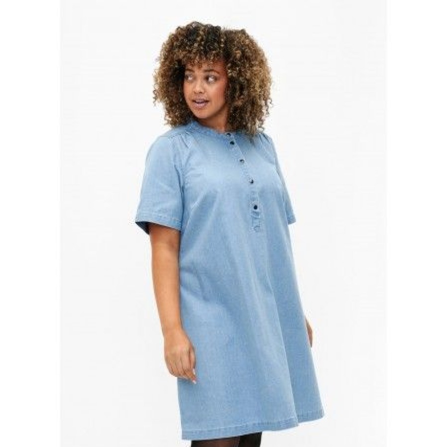 Plus Size Zizzi | Zizzi Vsandra S/S Dress - Denim Kjole V50178A Light Blue Denim