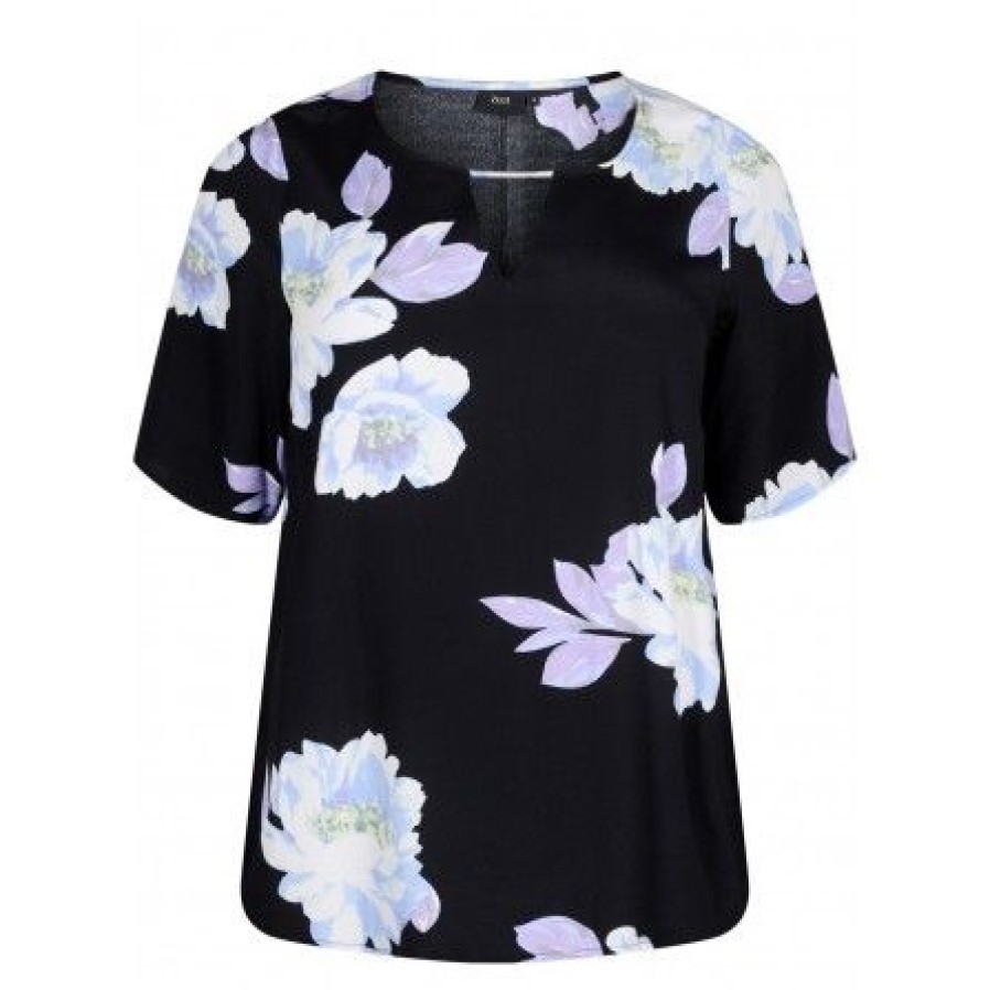 Overdele Zizzi | Zizzi Vbella S/S Blouse - Sort Blomstret Bluse V00040W Black Big Flower Aop