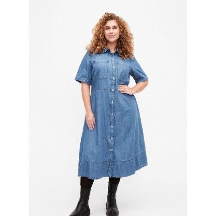 Plus Size Zizzi | Zizzi Jkianta S/S Midi Dress - Denim Kjole J10967A Light Blue Denim