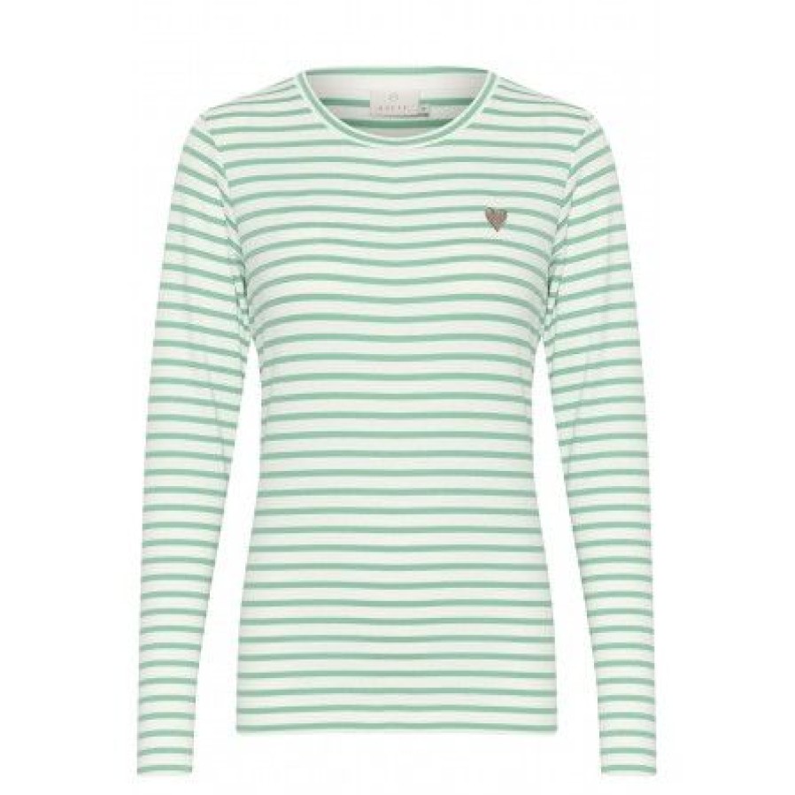 Overdele Kaffe | Kaffe Liddy T-Shirt - Stribet T-Shirt 10502821 Chalk/Gumdrop Green