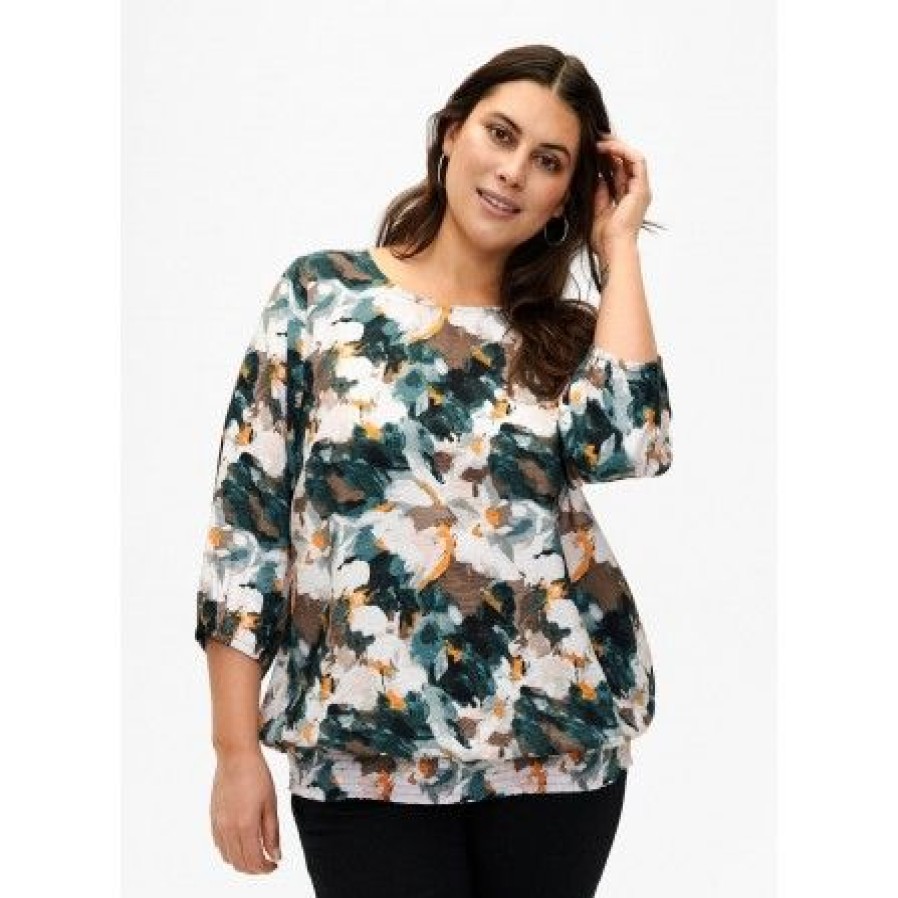 Overdele Zizzi | Zizzi Mkam 3/4 Smock Blouse - Multi Farvet Bluse M58986C Duck Gr. Forest Aop