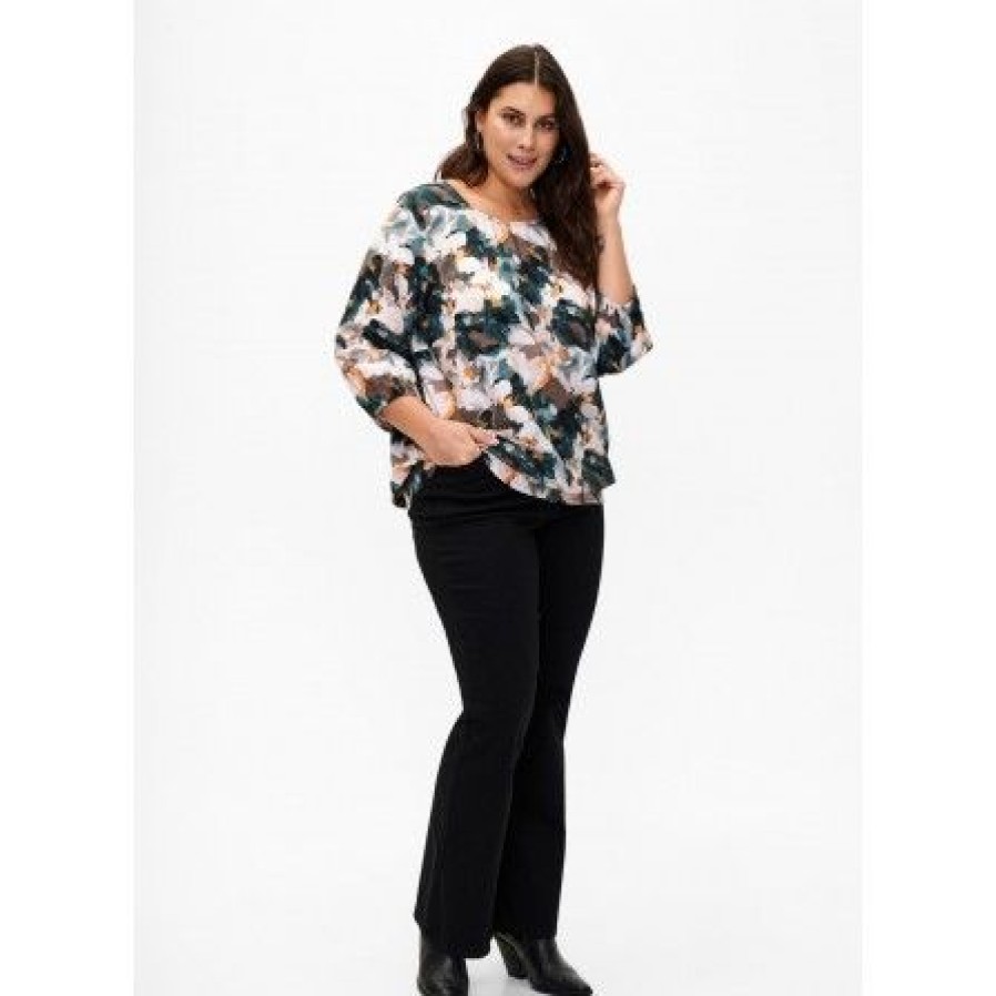 Overdele Zizzi | Zizzi Mkam 3/4 Smock Blouse - Multi Farvet Bluse M58986C Duck Gr. Forest Aop