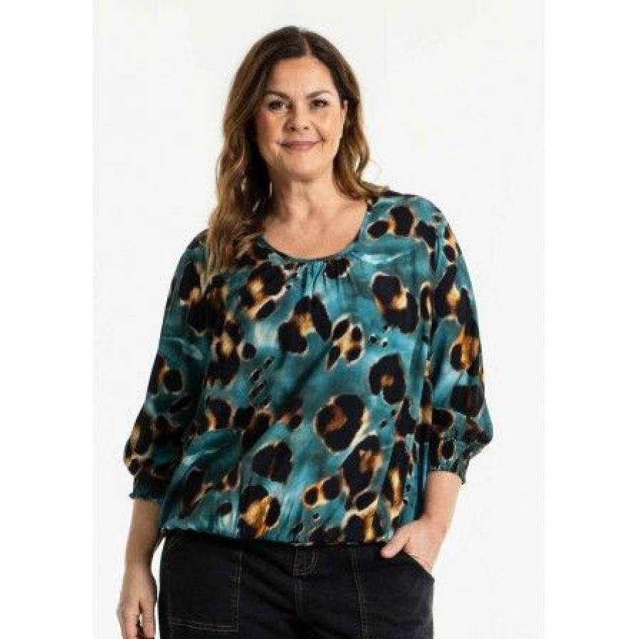 Plus Size Gozzip | Gozzip Thilde Blouse - Petrol Printet Bluse G235066 Petrol Printed