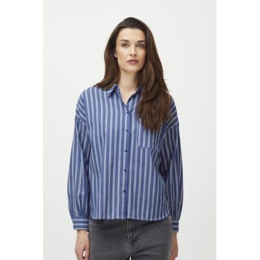 Overdele Pulz | Pulz Pzrebecca Shirt - Bla Skjorte Med Striber 50208011 Blue Bonnet