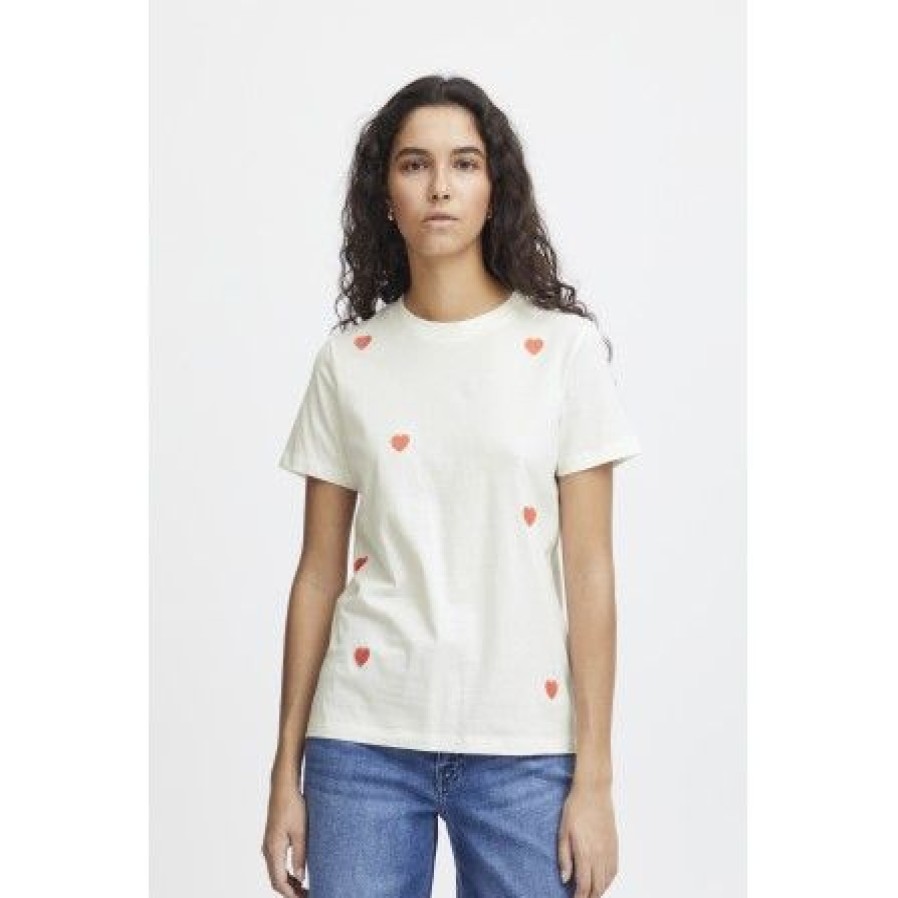 Overdele Ichi | Ichi Ihcamino Ss18 - Rahvid T-Shirt Med Orange Hjerter 20120411 Hot Coral