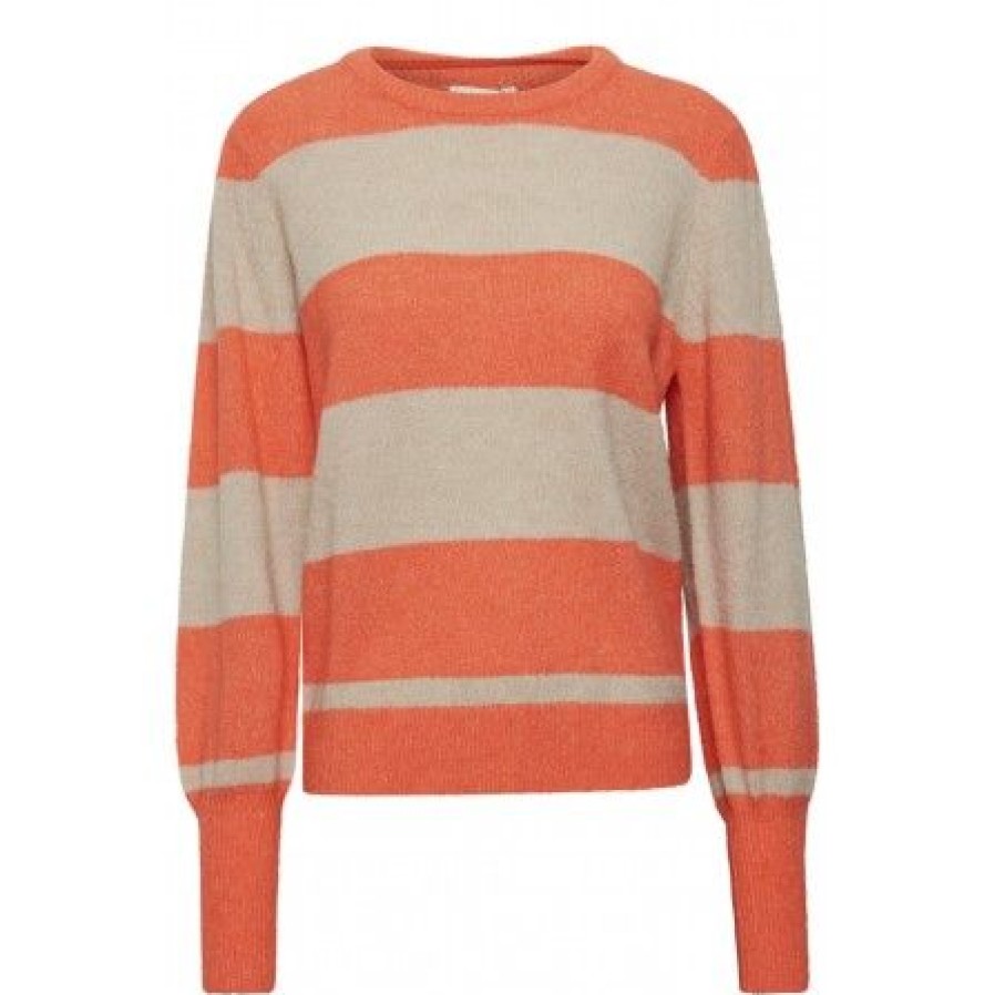 Overdele Ichi | Ichi Ihdusty Ls11 - Orange Stribet Strik 20120246 Hot Coral