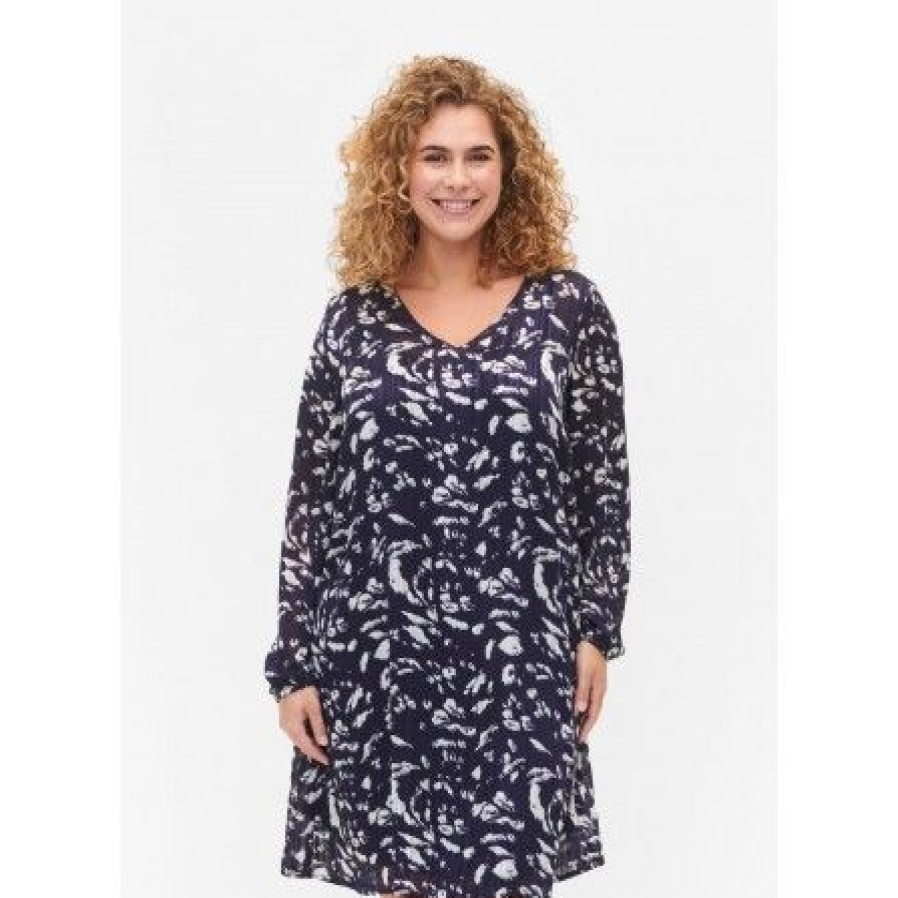 Plus Size Zizzi | Zizzi Lucy Ls Abk Dress - Bla Transparent Kjole M02356B Blue Leaf