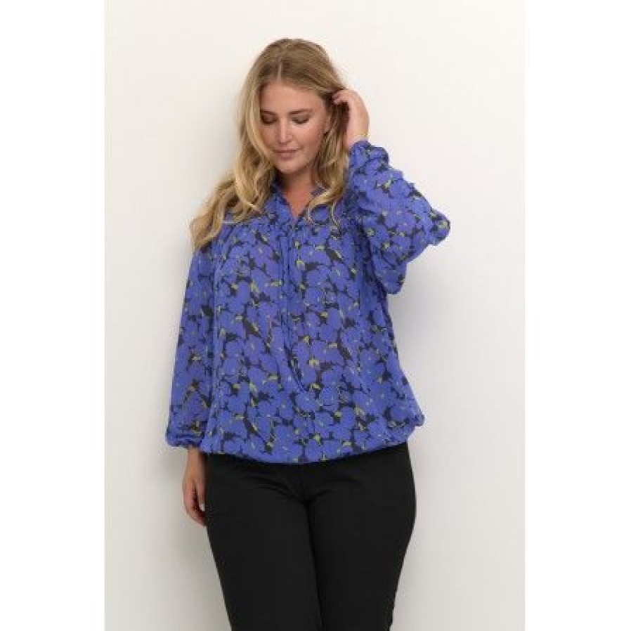 Plus Size Kaffe Curve | Kaffe Curve Kckrista Blouse - Bla Bluse Med Limegront Print 10582087 Clematis Blue Flower