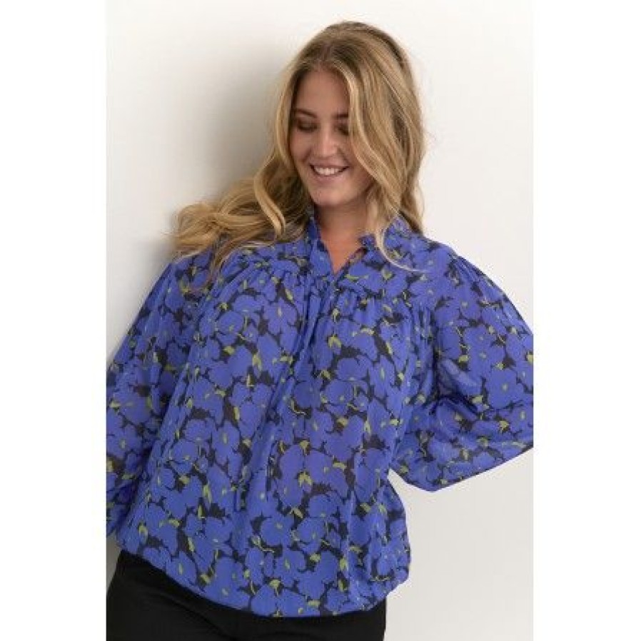 Plus Size Kaffe Curve | Kaffe Curve Kckrista Blouse - Bla Bluse Med Limegront Print 10582087 Clematis Blue Flower