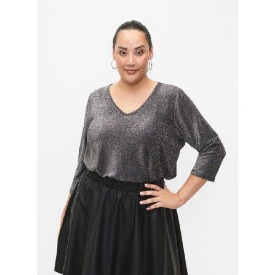 Plus Size Zizzi | Zizzi Cadania 3/4 Blouse - Solv Glimmer Bluse Ca02376E Black Silver