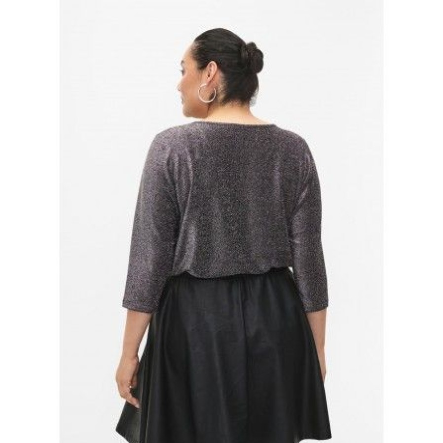 Plus Size Zizzi | Zizzi Cadania 3/4 Blouse - Solv Glimmer Bluse Ca02376E Black Silver