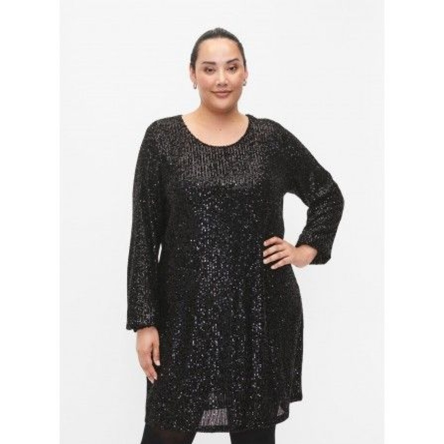 Kjoler Zizzi | Zizzi Melsa L/S Kort Kjole Med Palietter M59218A Black