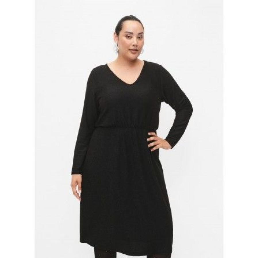 Kjoler Zizzi | Zizzi Cadania L/S Blk Dress - Sort Glimmerkjole Ca02376F Black Black