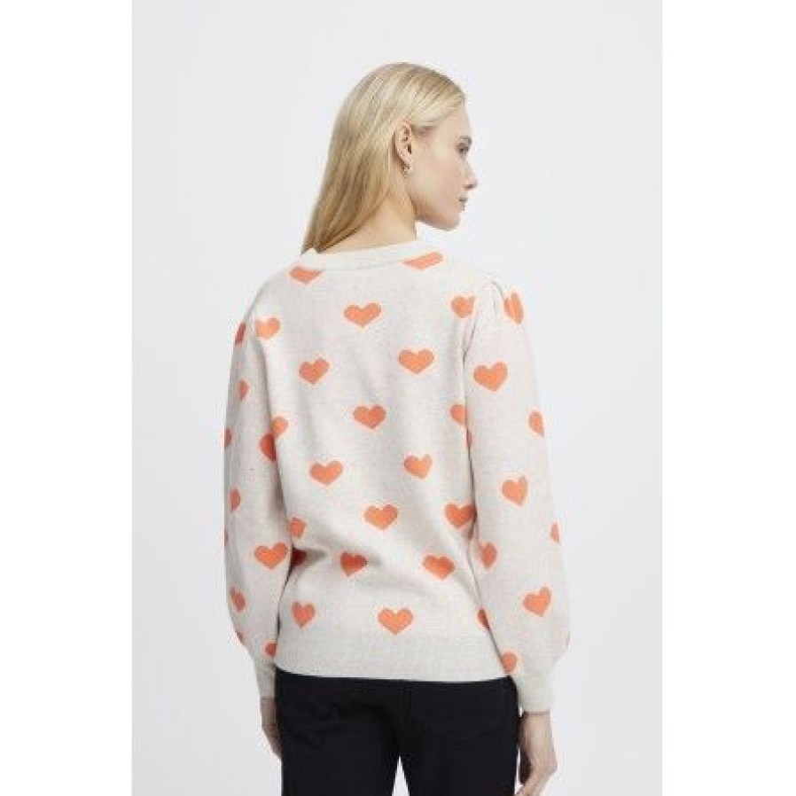 Overdele Ichi | Ichi Ihbrielle Ls2 - Strik Med Orange Hjerter 20120440 Oatmeal W. Hot Coral