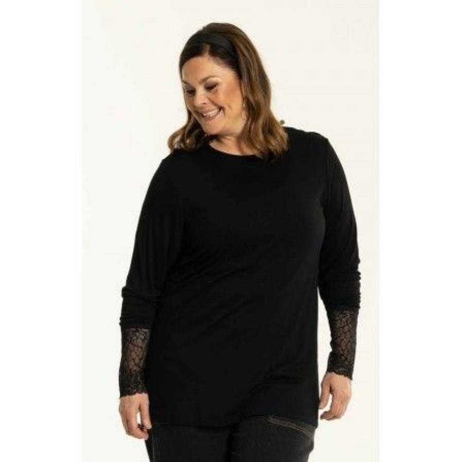 Overdele Gozzip | Gozzip Gemira Long T-Shirt With Lace - Sort T-Shirt G236003 Black