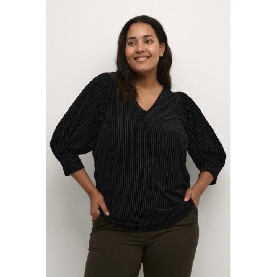 Plus Size Kaffe Curve | Kaffe Curve Kccacanna Blouse - Sort Velour Bluse 10581210 Black Deep