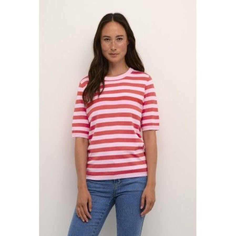 Overdele Kaffe | Kaffe Kamala Striped Knit - Kortaermet Stribet Strik 10508410 Pink Mist/Cayenn