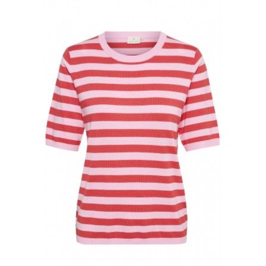 Overdele Kaffe | Kaffe Kamala Striped Knit - Kortaermet Stribet Strik 10508410 Pink Mist/Cayenn