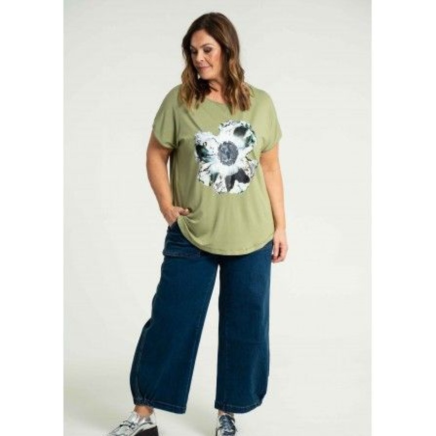 Plus Size Gozzip | Gozzip Gitte T-Shirt With Print - Gron T-Shirt G234062 Dusty Green